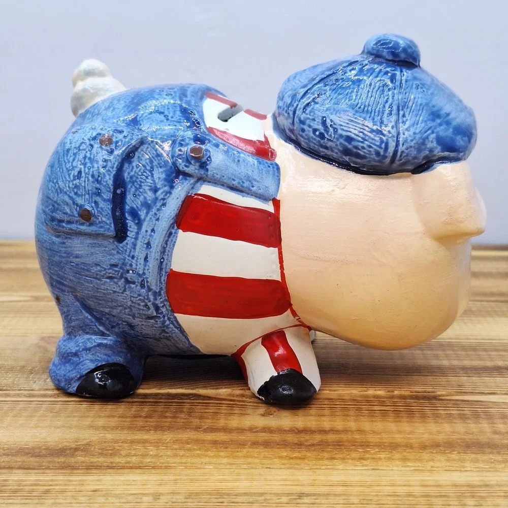 Ceramic‎ Pig Wearing Pinstripes Overalls Coin Piggy Bank Vintage Hand Painted